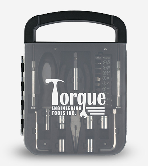 A compact, translucent grey tool kit with a black carrying handle