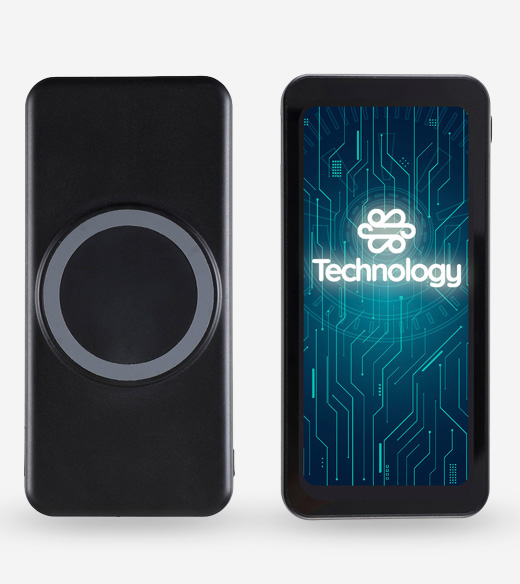 Black power bank with a circular magnetic charging ring on one side 