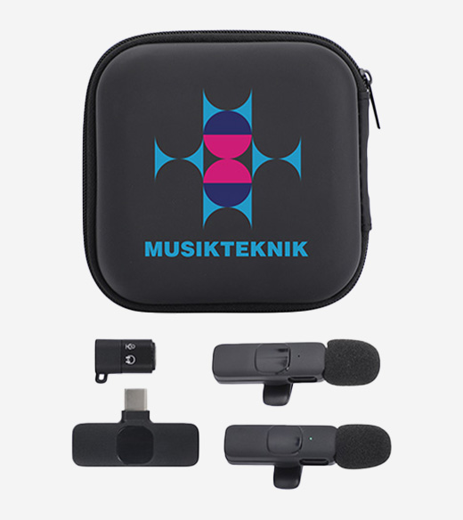 black zippered hardshell carrying case including two clip-on lapel microphones and a USB-C receiver.