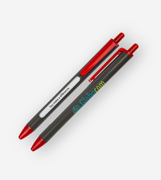 Two dark grey and red promotional pens are displayed diagonally